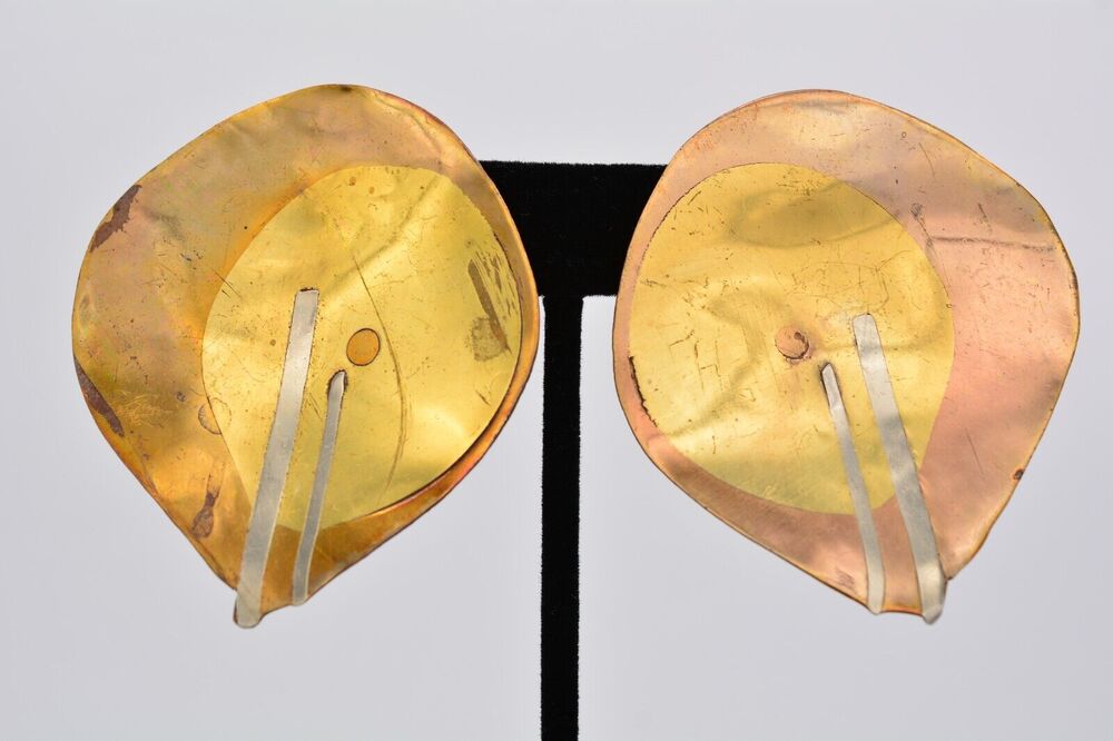 Vintage Leaf Clip On Earrings Copper Tone Gold Chunky Abstract Metal 1970s BinAA